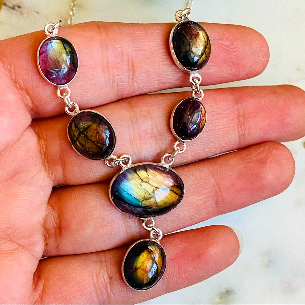 Labradorite Necklace Natural Gemstone Healing Crystal Y Layering Blue Flashy